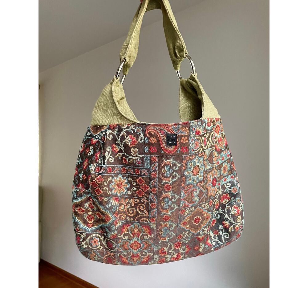 1154 Lill Studio Tapestry Shoulder Bag Brown Green Floral Paisley Hobo Purse